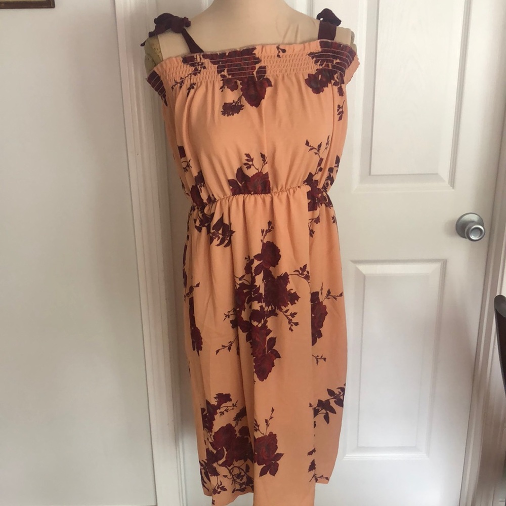 Bobeau Tie Midi Dress, peach color with maroon floral